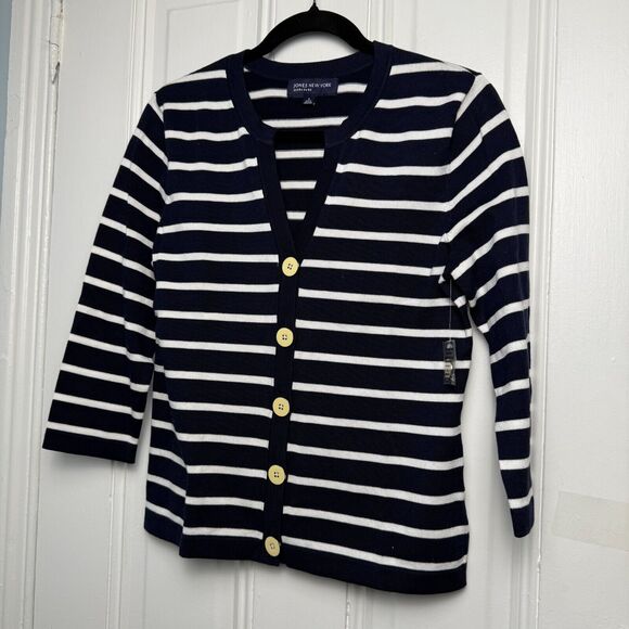 Jones New York Cardigan Womens Small Navy Blue Striped Nautical Beach NWT - Picture 1 of 6